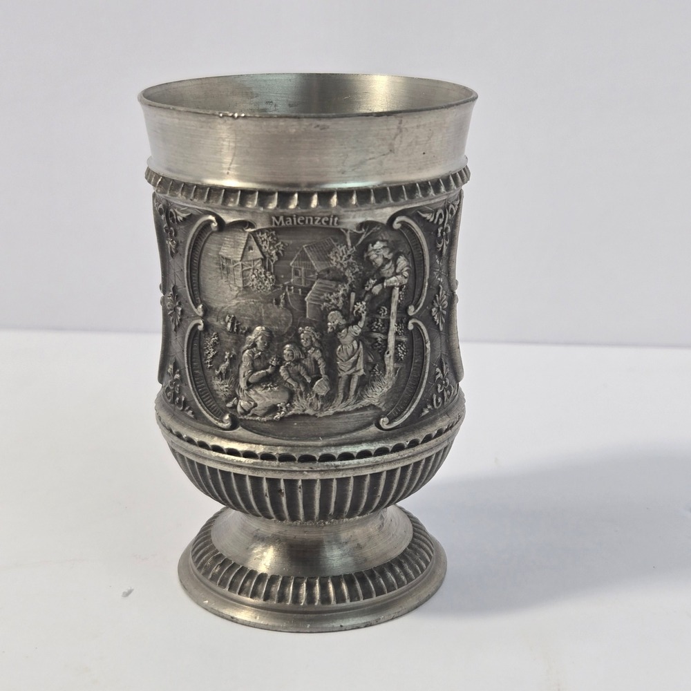 SKS Zinn 95% Pewter Cup Vintage German Relief Scenes Maienzeit Wanderschaft 4"